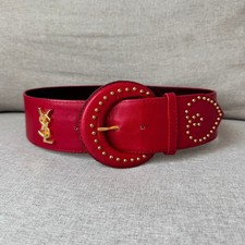 YSL Red Leather Wide Gold Stud Heart Belt 75/30 Rare Vtg Logo Yves Saint Laurent