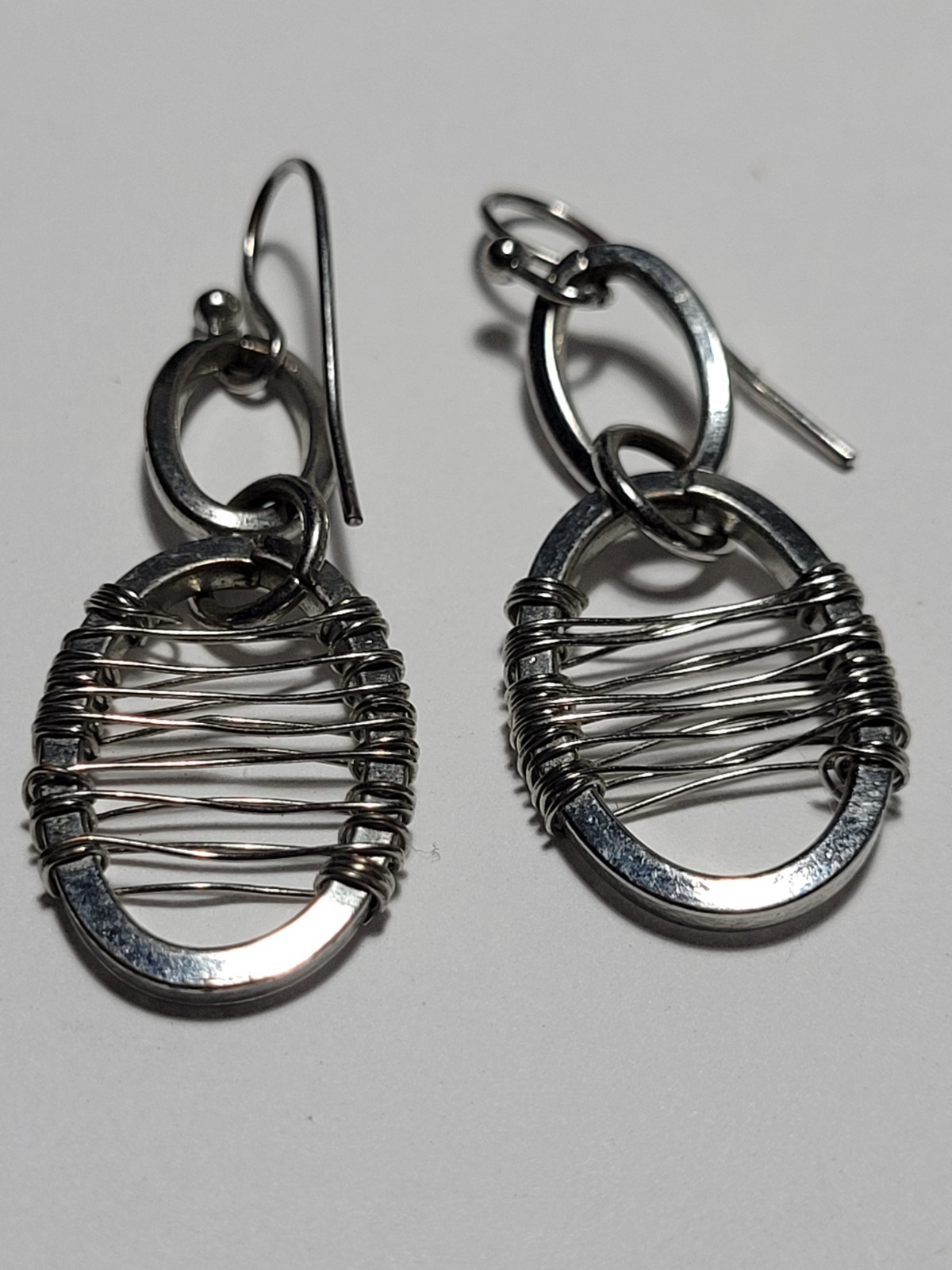Silvertone Wire Wrap Oval Dangle Hook Statement E… - image 5