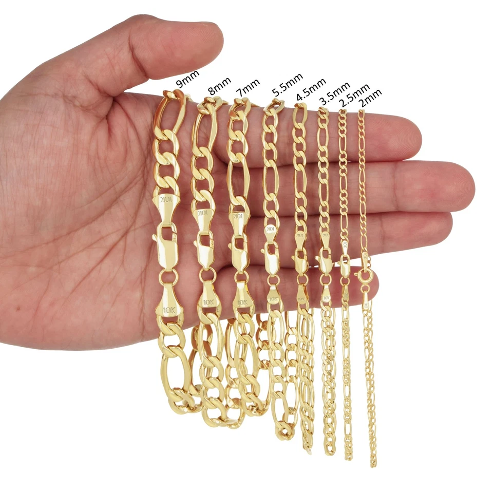 10K Oro Amarillo 2mm-9mm Italiano Figaro Cadena Pulsera Hombre Mujer 17.8cm- - Imagen 2 de 4