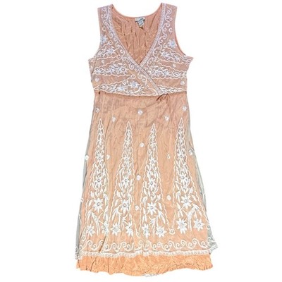 Odille Dress Size 8 Sleeveless Embroidered Floral Lace Peach Beige Party