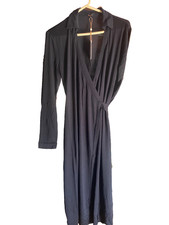 Quince 100% Silk Jersey Midi Wrap Dress Black Long Sleeve Collared Medium