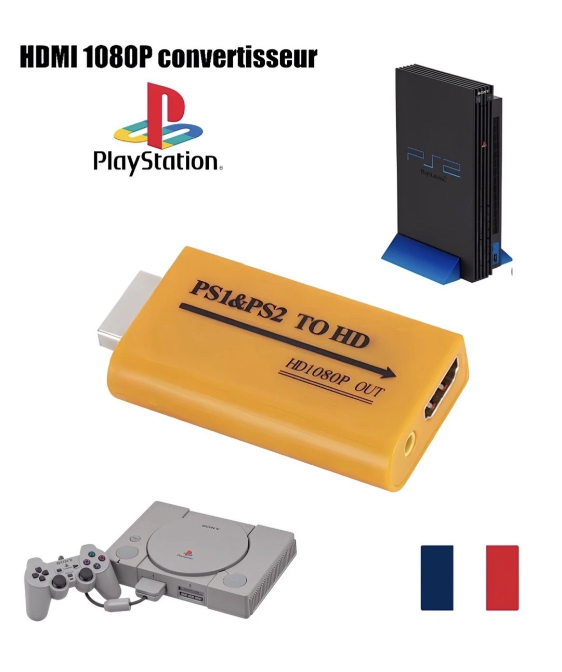 Adaptateur HDMI Console PlayStation Rétro PS1, PS2  Audio 3,5mm Convertisseur