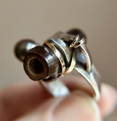 Fred & Janis Tate Sterling Silver 14K Gold Tahitian Pearl & Bamboo Ring Sz 5.75 - Picture 3 of 20