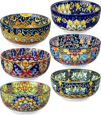 Cereal Bowls Set of 6, Bohemian Ceramic Soup Bowls, 28 Oz Colorful Bowls Set for