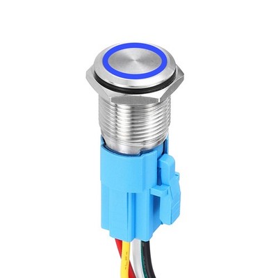 19mm Push Button Switch, IP65 1NO1NC 5A Self-locking Blue Round, Flat Silver