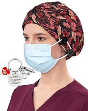 Satin Lined Bouffant Nurse Scrub Cap With 4 Buttons Sweatband Adjustable
