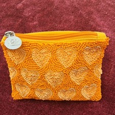 Orange Beaded Boho Coin Purse Zip Pouch Heart Pattern, Women's Casual