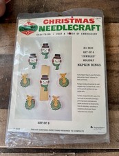 New Vintage Bucilla Jeweled Reindeer  Snowman Napkin Rings Needlework Kit