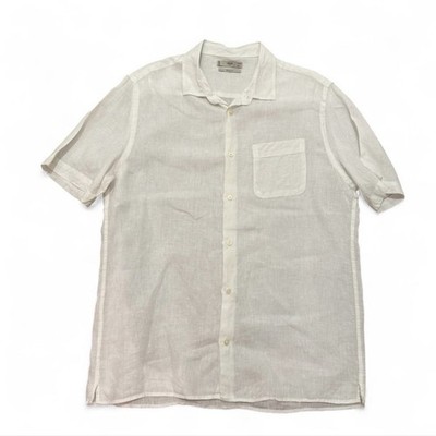 MNG Linen Button-Up Shirt L White Slim Fit Short Sleeve Classic Casual