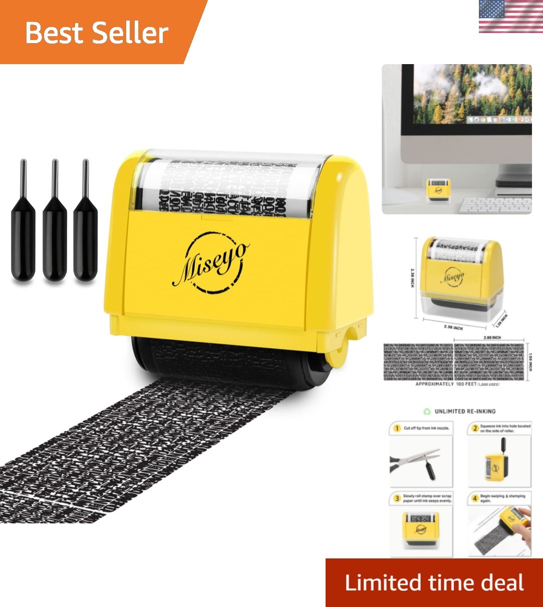 Wide Identity Theft Protection Roller Stamp Set - Yellow 3 Refill Ink Included