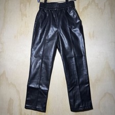H M Womens Faux Leather Pants Black Elastic Waist Straight Leg Size 4