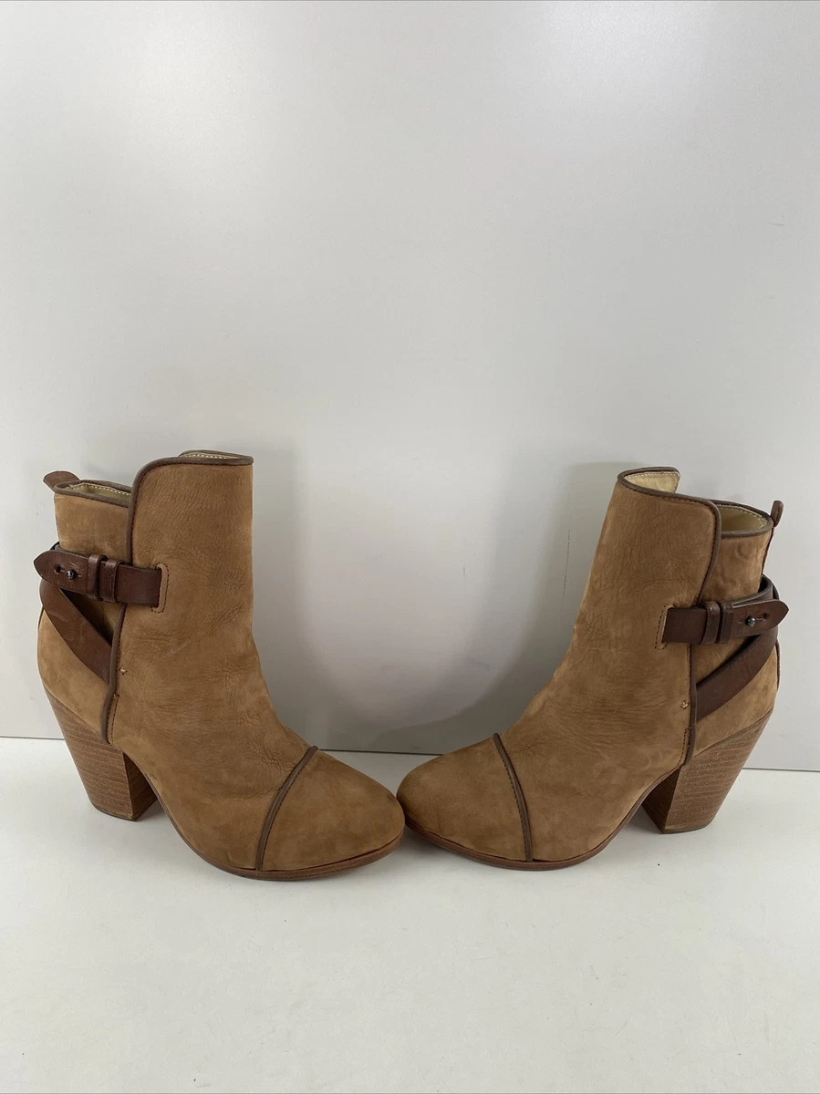 Rag Bone Brown Leather Pull On Buckle Strap Block Heel Ankle Boots Women s 7