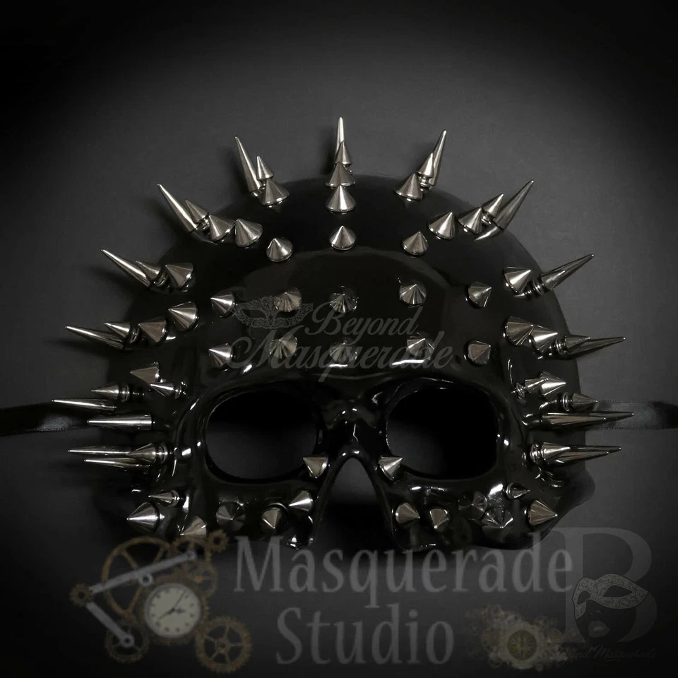 Men's Spiked Steampunk Half Face Halloween Costume Masquerade Ball Mask [Black] - Image 2 of 4