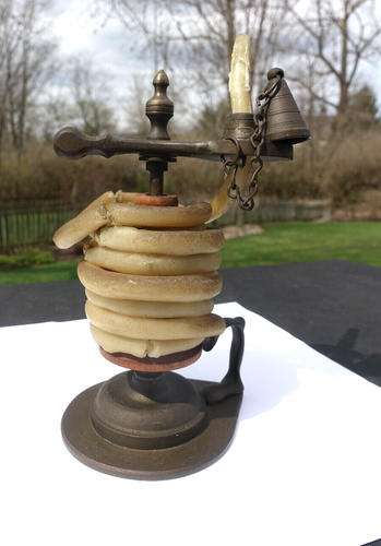 18th Century Antique Primitive Brass Wax Jack Candle Stand With Snuffer