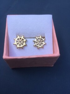 Authentic Cute Petite Yellow Gold Plated Ship Wheel / Rudder 10mm Stud Post Earrings