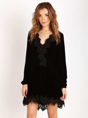 FREE PEOPLE Black Luxe Velvet Dreams Lace Crochet Pocket Tunic Mini Dress  XS 0/2 | eBay