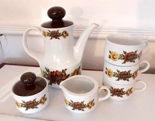 Mitterteich Bavaria Bone China Tea Pot Set 6 Pcs. Brown Roses Germany Vtg