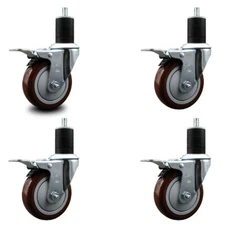 4 Inch Maroon Poly Swivel 1-3/4 Inch Expanding Stem Caster Set Total Lock Brake
