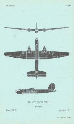 Heinkel He 177 Bomber. Air Ministry aircraft recognition profile 1944 print