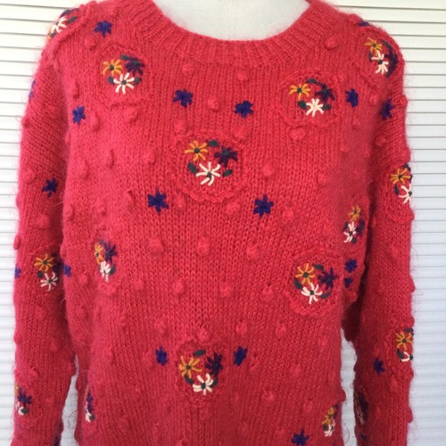 Vintage PingPong 95% Mohair Jumper XL Red Floral Embroidered Knit Soft Fluffy - Picture 13 of 18