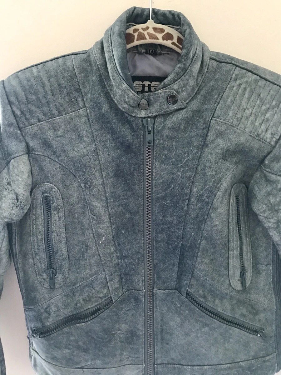 Women s Pale Blue Biker Style Leather Jacket Stein Size 10 Zip Up
