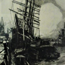 Lane Sub -(?) s.Foto - TOP-Radierung: B..? HAFENANLAGE, SEGELSCHIFF, BOOTE