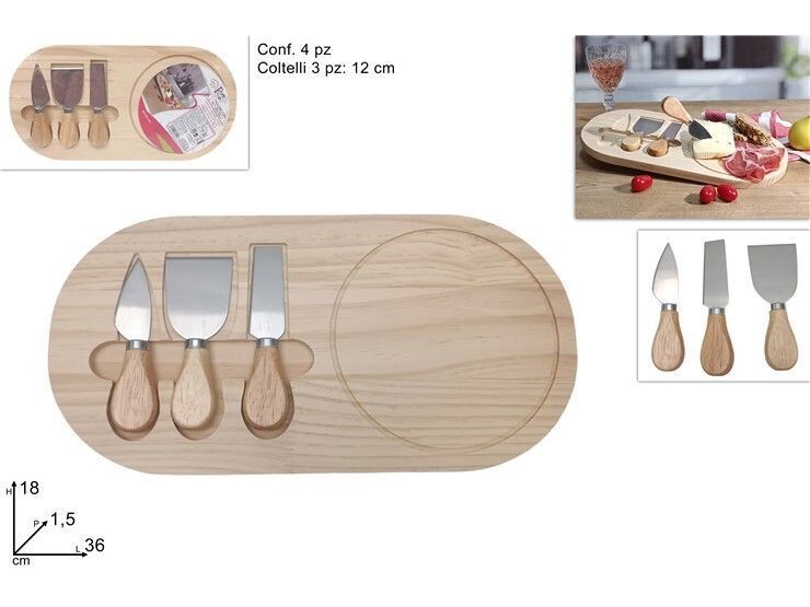 Tabla De Madera Para Quesos Y Embutidos 36x18cm Con 3 Cuchillos