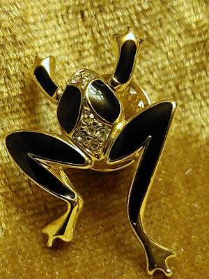 Brosche Frosch BALLOU REG'd Vergoldet Emaille Crystall Vintage