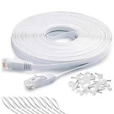 Ethernet Cable 50ft White Cat 6 Slim Flat Computer Cord with RJ45 Clips