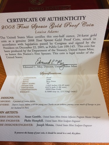2008-W Proof $10 Gold Louisa Adams First Spouse BOX OGP and COA (X-19) NO COINS - Picture 3 of 4