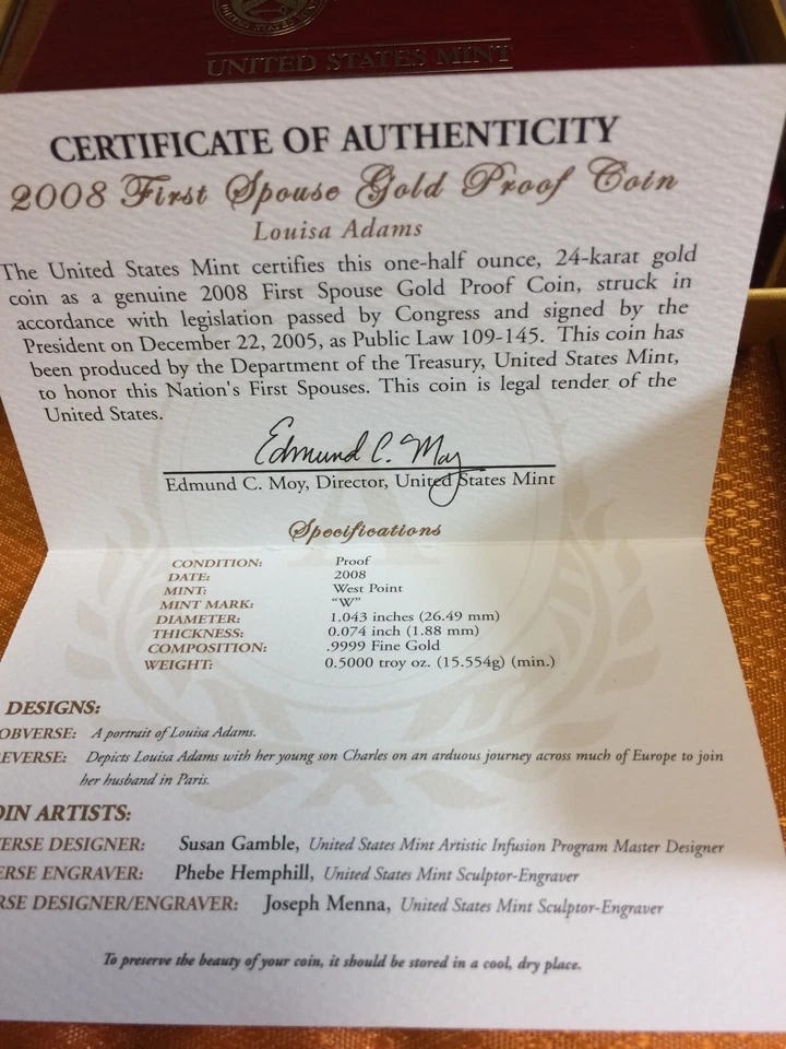 2008-W Proof $10 Gold Louisa Adams First Spouse BOX OGP and COA (X-19) NO COINS - Image 3 of 4