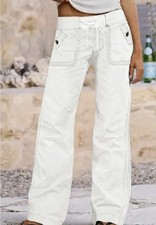 Solid Seam Detail Drawstring Mid Rise Straight Leg Pants M