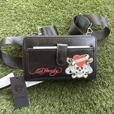 NWT Ed Hardy Double Zip Crossbody/Wristlet - Beautiful Black - Love Kills Slowly
