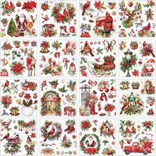 16 Sheets Vintage Christmas Rub on Transfers for Crafts, Xmas Cardinal Rub on Tr