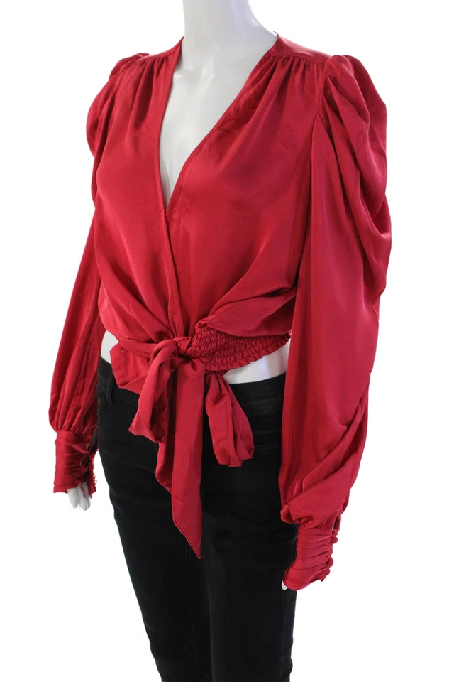 Ramy Brook Womens Long Sleeve V Neck Satin Wrap Top Red Size Small - Image 2 of 4