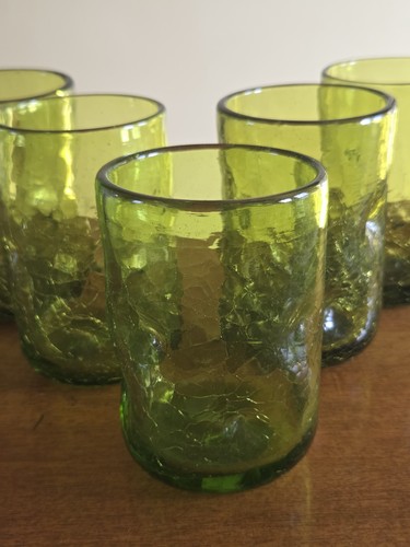 Set of 5 Blenko Crackle Glass Tumblers #418L Pinched Dimpled Olive Green - Picture 2 of 24