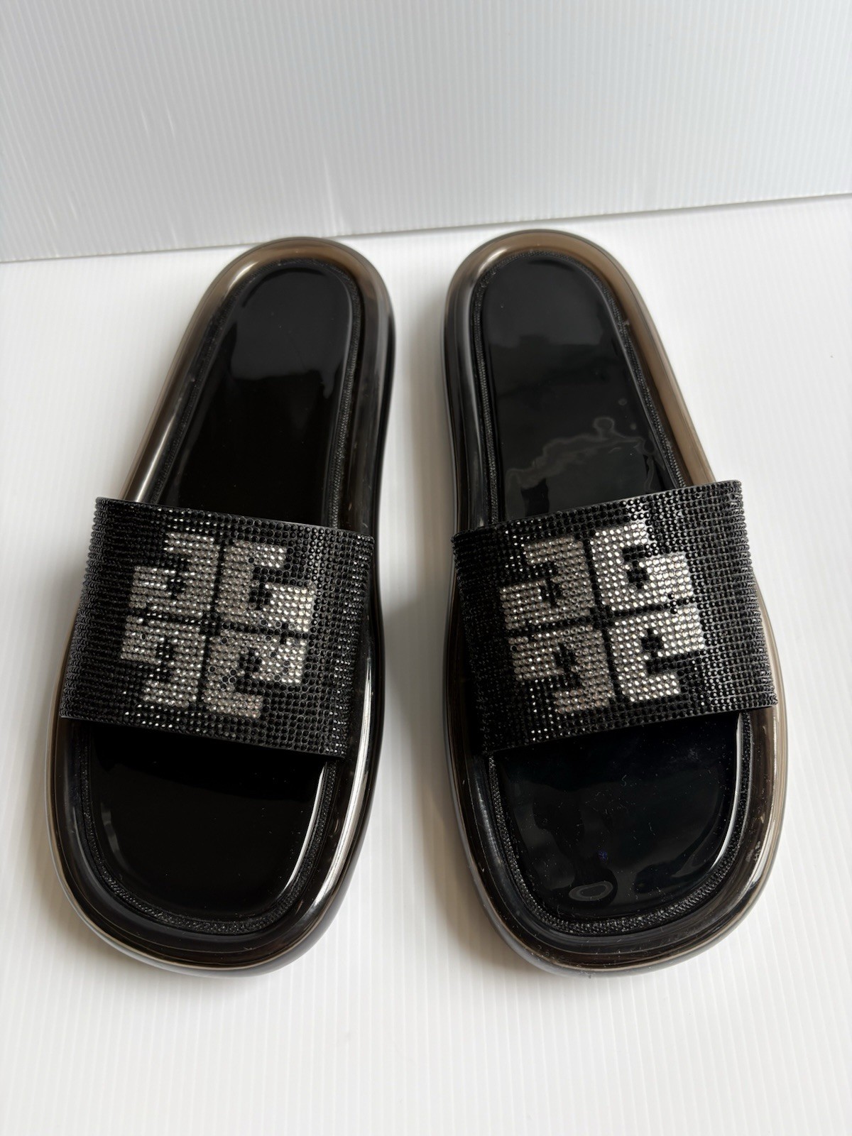 Tory Burch Cristal Bubble Slides  Black Logo Embellished Sandals Size 10 EUC