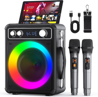 Tragbare Karaoke Maschine mit 2 Drahtlosen Mikrofone 15W Bluetooth Lautsprecher 