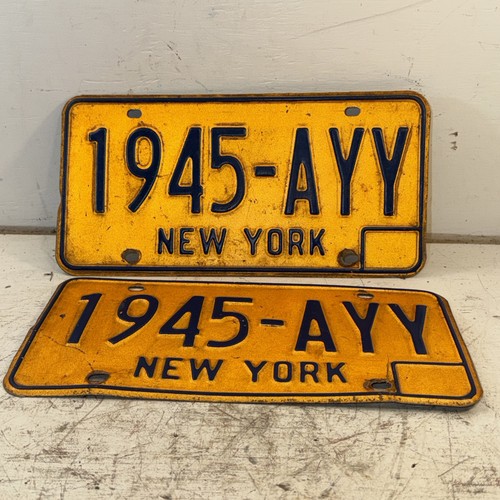 Vintage Antique 1960S 70S New York NY Car License Plate Tag Pair Set 1945-AYY 