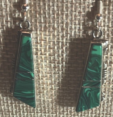 S Francisco Sterling Silver Malachite Inlay Navajo Green Dangle Earrings 1.5''