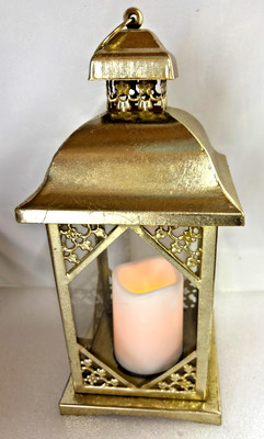 Hanging LED Flameless Candle Gold Lantern Metal and Glass Decorative 13'' x 6.5''