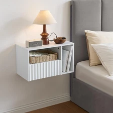 Modern Matte White Fluted Floating Nightstand with Charging Station, Nightstand
