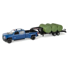 ERTL 1/16 Big Farm Blue Chevrolet Pickup Truck w/ Trailer & 6 Round Bales 47603