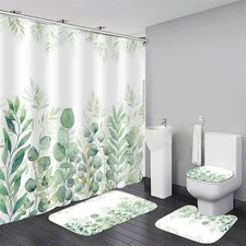 4Pcs Green Bathroom Set Leaves Shower Curtain Set Spring Eucalyptus Leaf Shower