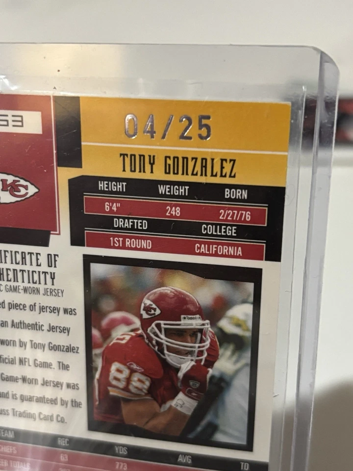 2003 Leaf Certified Materials - Tony Gonzalez #63 Gold Materials /25 (MEM) - Image 3 of 3