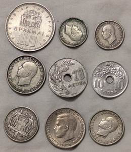 GREECE 9 Coin Lot 1950s/1960s: 1 Drachma 2 & 10 Drachmai 10, 20, 50 Lepta Greek