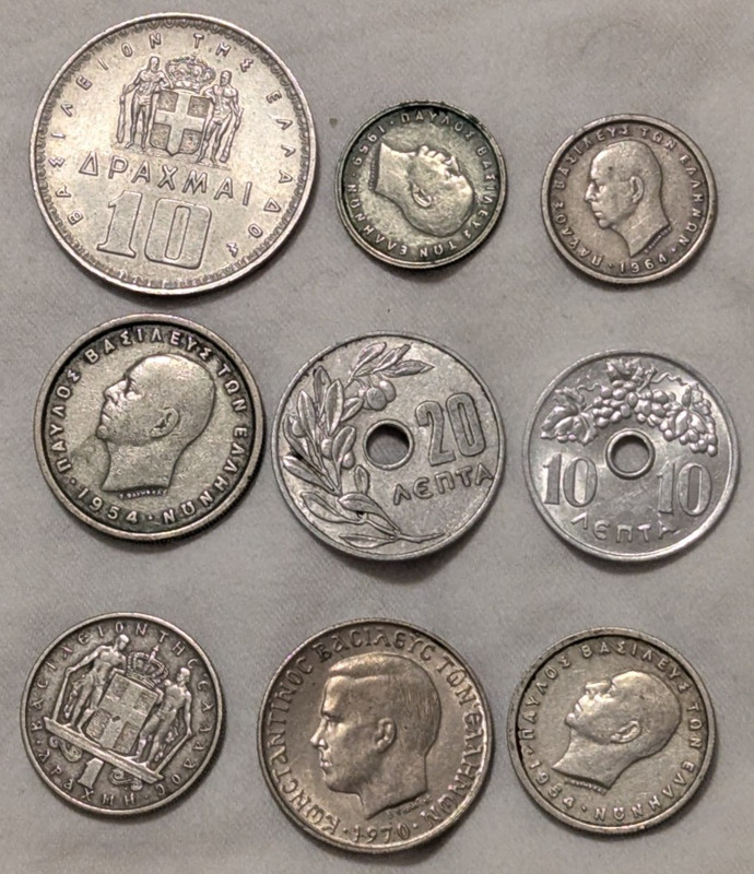 GREECE 9 Coin Lot 1950s/1960s: 1 Drachma 2 & 10 Drachmai 10, 20, 50 Lepta Greek