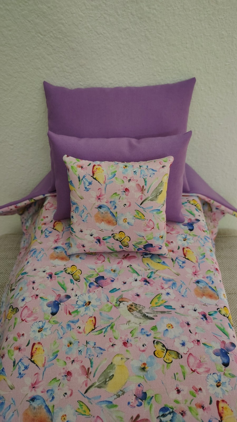 4pc Birds Butterflies  Bedding Set Handmade for 18" Doll Bla