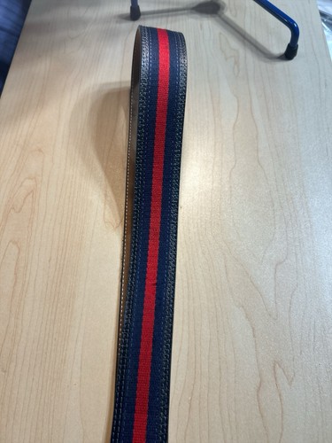 Gucci Authentic 114984 Men Belt Interlocking G Stripe Leather Canvas Navy Red - Picture 8 of 13