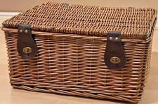 M&S Wicker Picnic Basket Hamper Storage Leather straps & brass LARGE  + Straw
